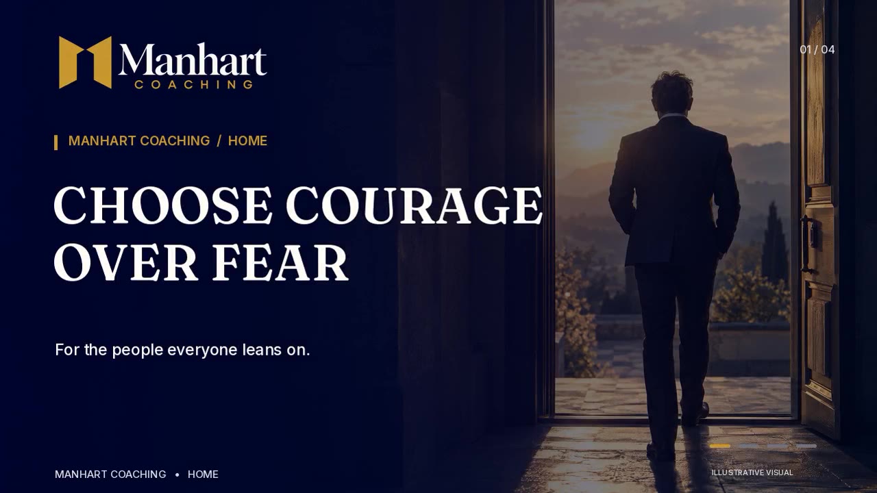 A man walking out through open doors into the light, with the title Choose Courage Over Fear.